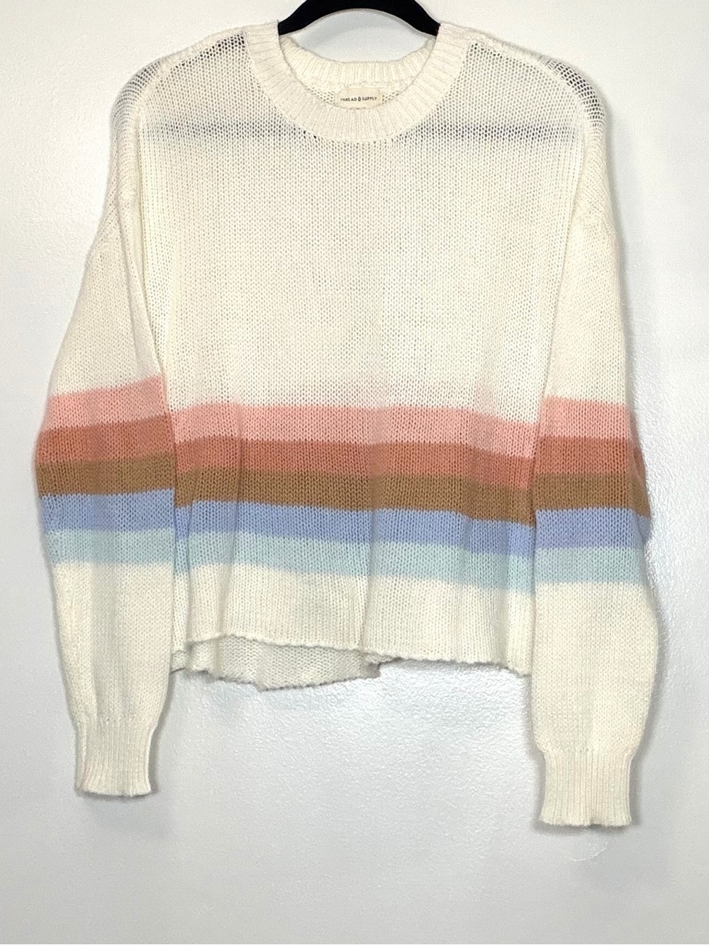 Thread & Supply Cream Crewneck Sweater with Pink, Tan & Blue Stripes